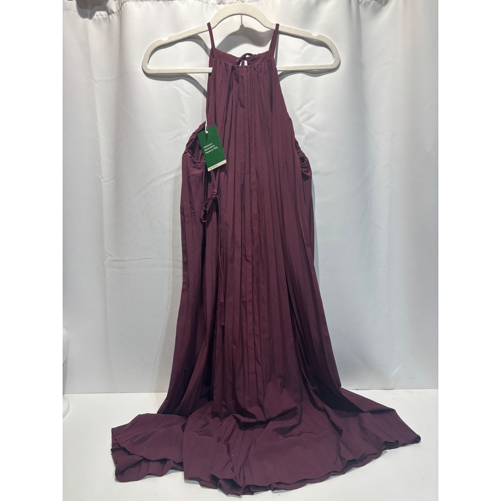 Halara Pleated Maxi Dress Women Size M Burgundy Halter Neck Tie Back Flowy